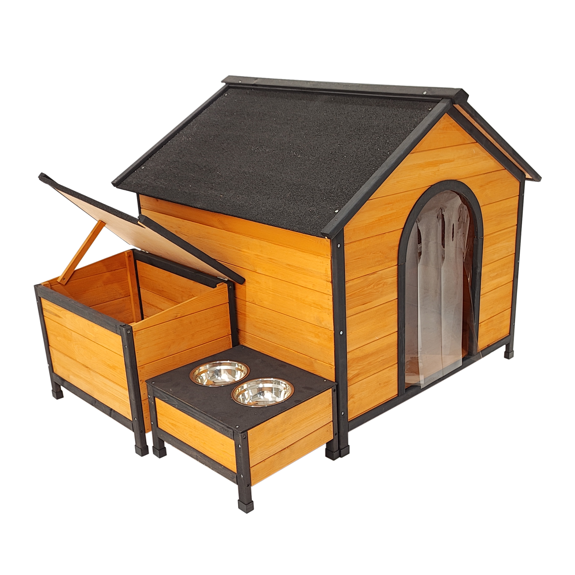 XPT088 Wearable and Strong Wooden Dog House with Metal Bowls and Toy Box