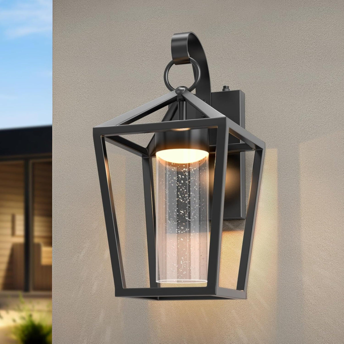15-Inch Dimmable LED Outdoor Wall Sconce, Black Seeded Glass
