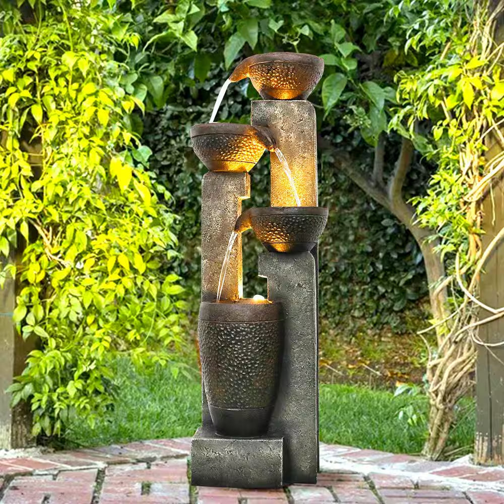 40 In. Resin Fiber Modern Outdoor Fountain, 4-Tier Garden Water Feature W/Soothing Sounds & LED Lights for House Office