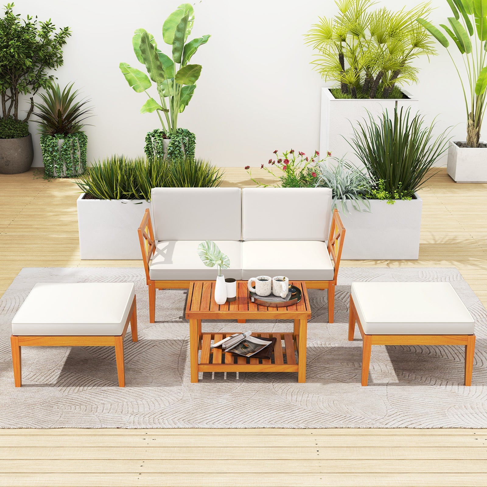 5 Pieces Acacia Wood Patio Chaise Lounge Chair Set with Ottoman and Cushions-White