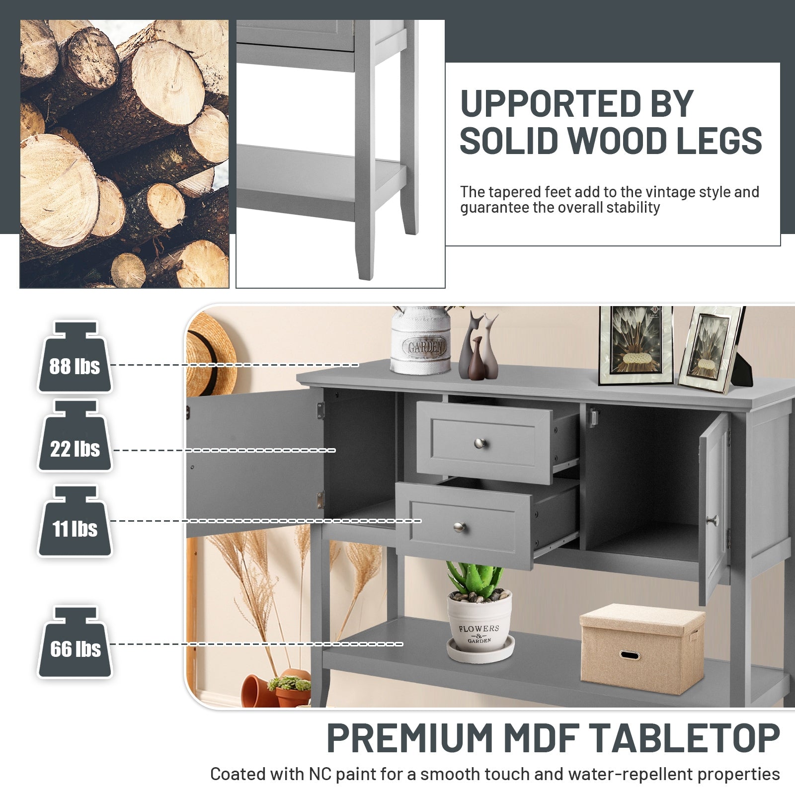 Wooden Sideboard Buffet Console Table  with Drawers and Storage-Gray
