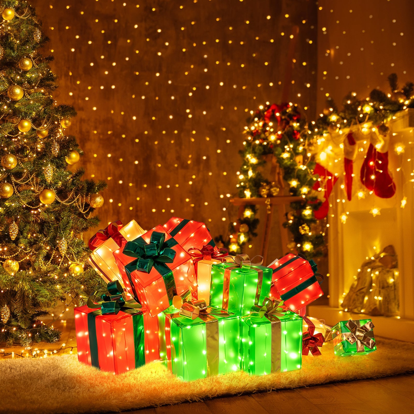 15 PCS Lighted Christmas Boxes with Bowknot and 483 LED Light Bulbs for Indoor Outdoor
