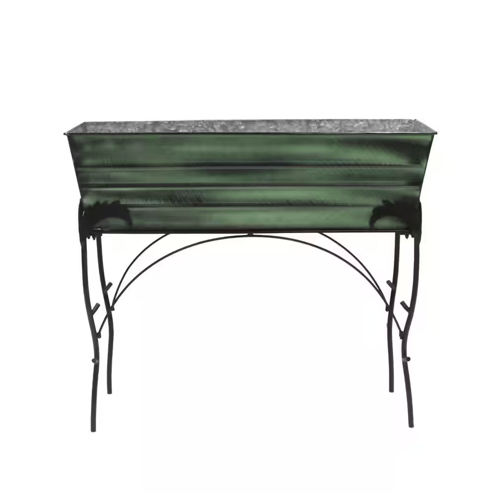 30 In. H Rectangular Classic Green Galvanized Steel Large Flower Box with Black Wrought Iron Flora Stand
