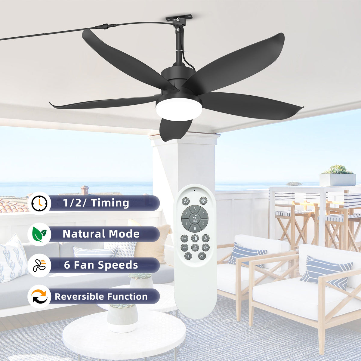 42-Inch Outdoor Ceiling Fan with Waterproof Light - Black