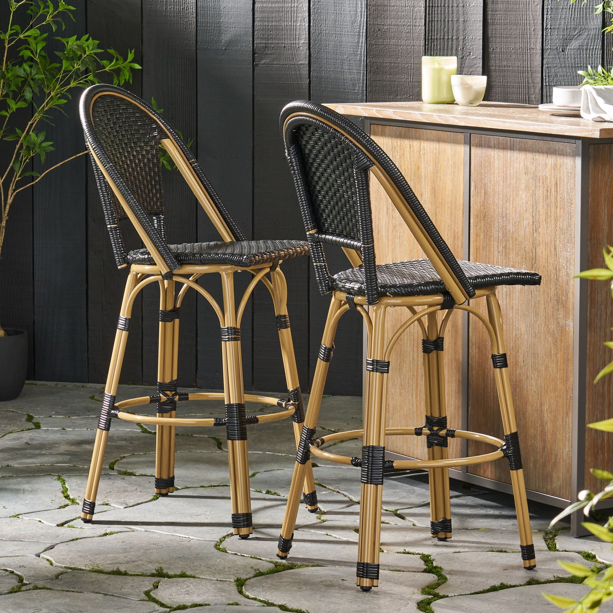 Outdoor Rattan And Aluminum French Barstools (Set of 2)