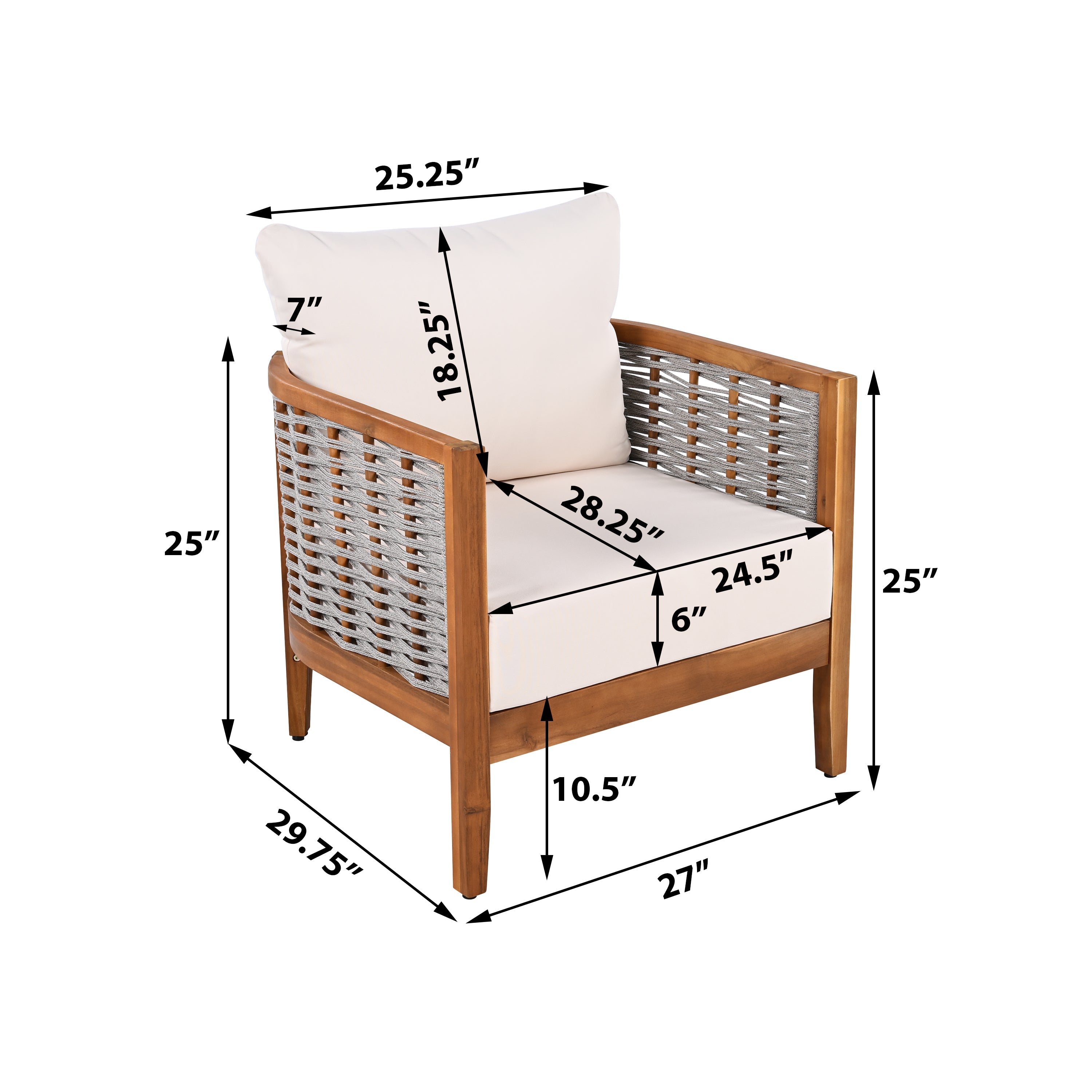 Outdoor Tub Design Armchair with Woven Rope and Acacia Wood