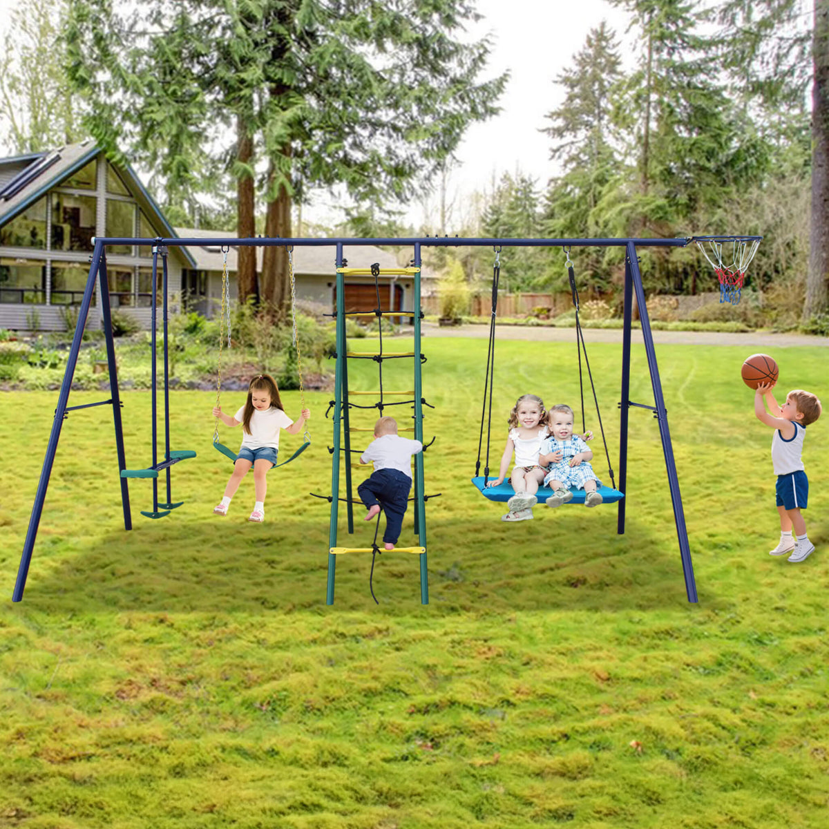 6-In-1 Outdoor Swing Set With Climbing Ladder Net And Basketball Hoop