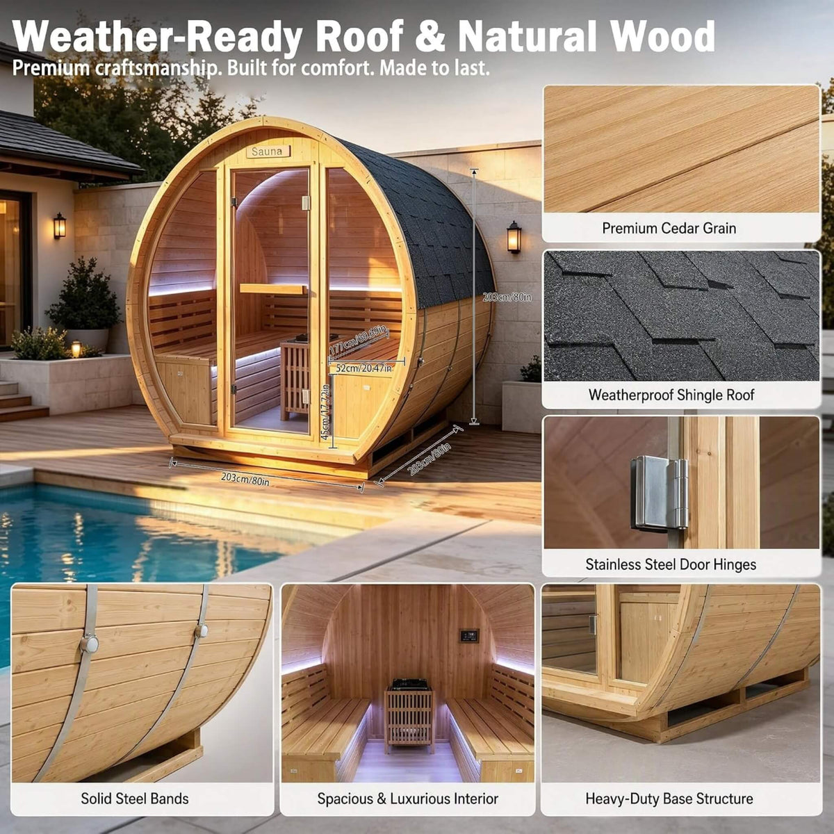 Varenna 6-Person Outdoor Traditional Carbonized Spruce Barrel Sauna (SAK14672)