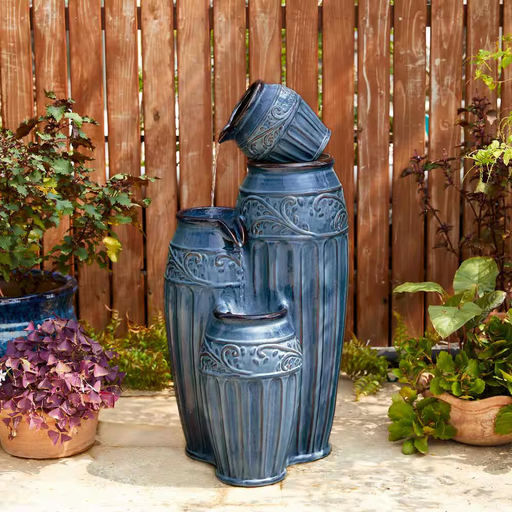 35.5 In. H Outdoor Oversized 4-Tiered Turquoise Embossed Pattern Ceramic Pots Floor Fountain with Pump and LED Light