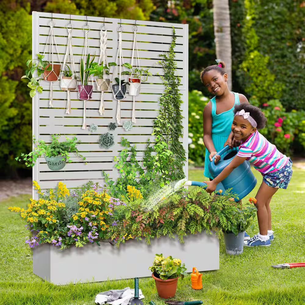 47 In. L X 16 In. W X 71 In. H Metal Raised Garden Planter Box Trellis-White Rectangle Pot Climbing Plants Cucumbers