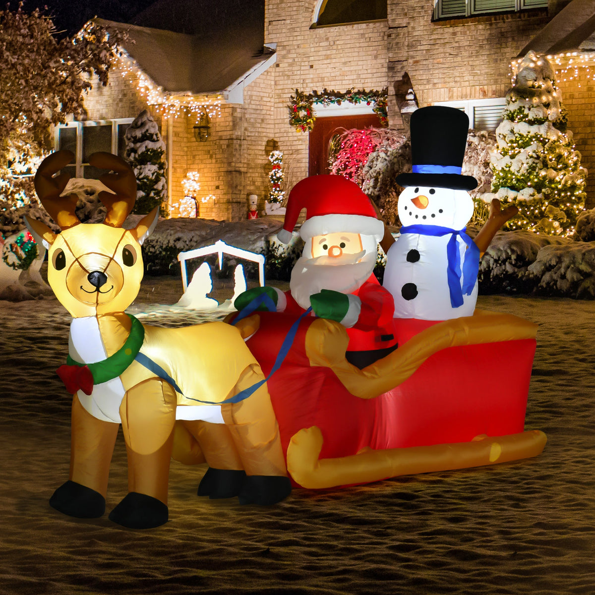 HOMCOM 6.5 ft Long Christmas Inflatables Outdoor Decorations Santa Claus on Sleigh, Reindeer and Snowman with LED Lights for Holiday Yard Christmas Decor