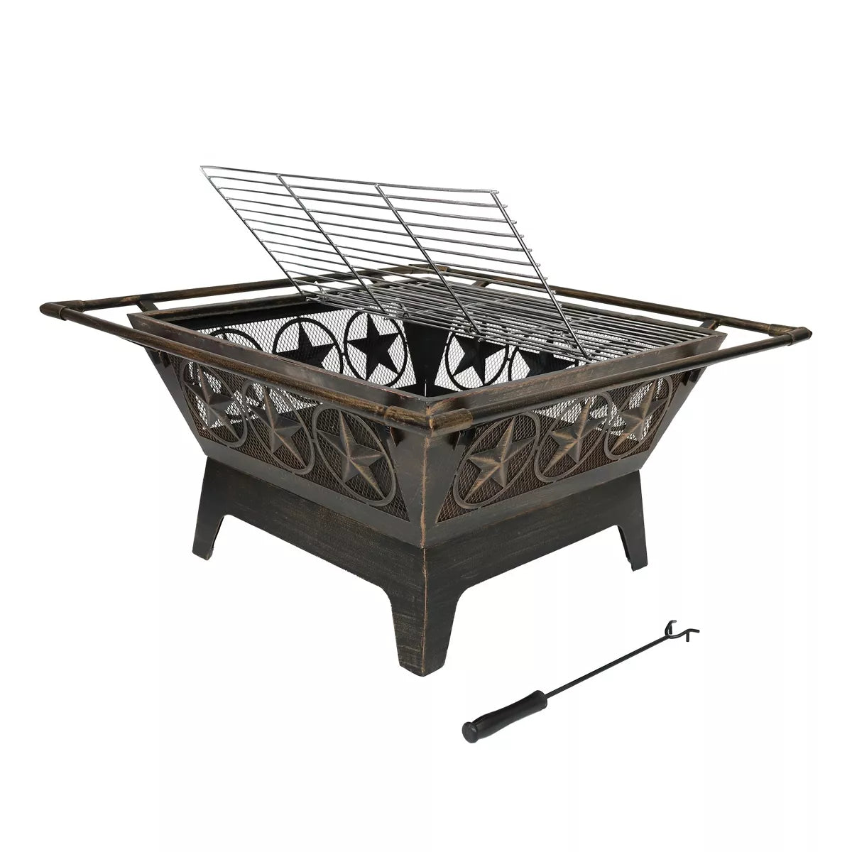 Sunnydaze Outdoor Camping or Backyard Steel Northern Galaxy Fire Pit with Cooking Grill Grate, Spark Screen, and Log Poker - 32"