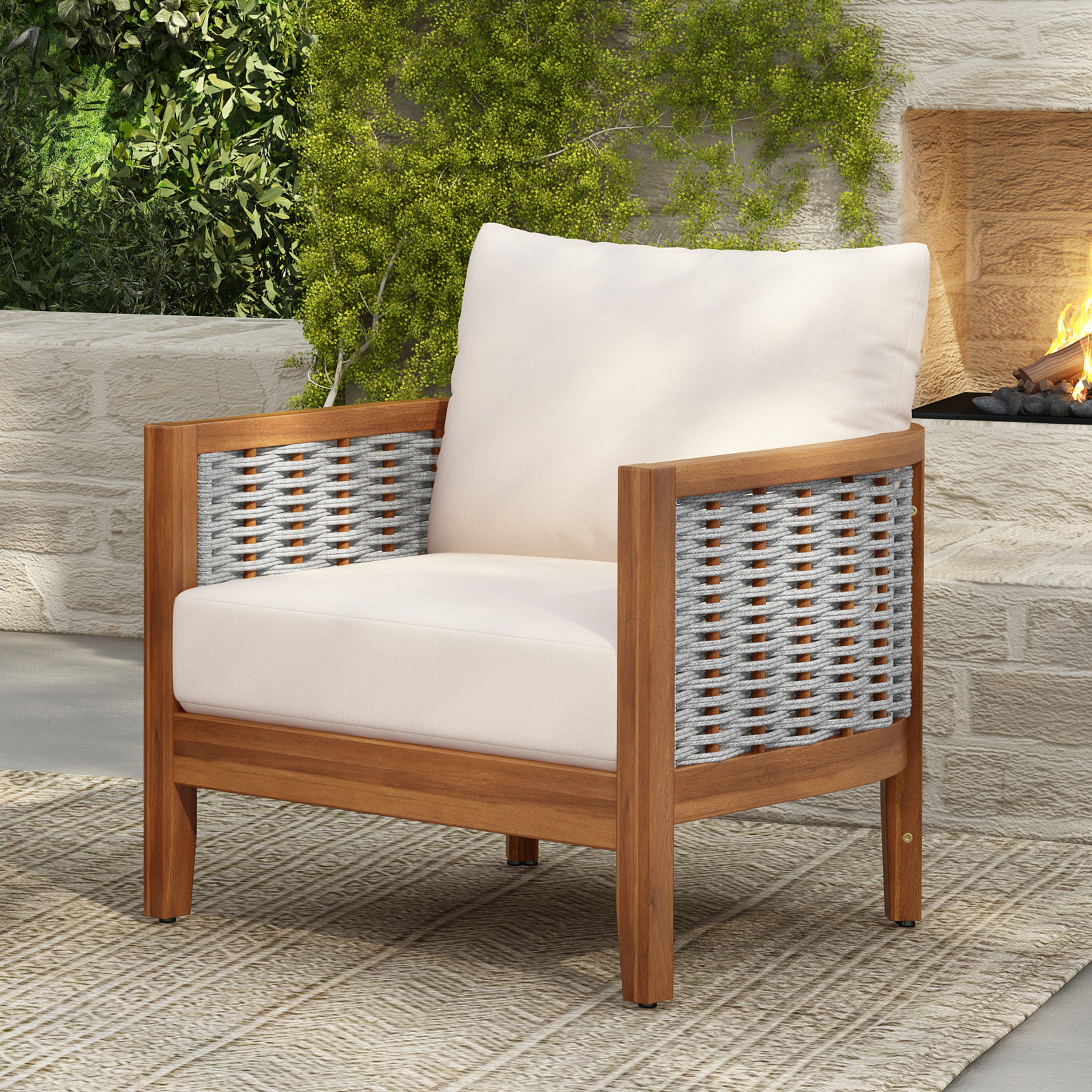 Outdoor Tub Design Armchair with Woven Rope and Acacia Wood