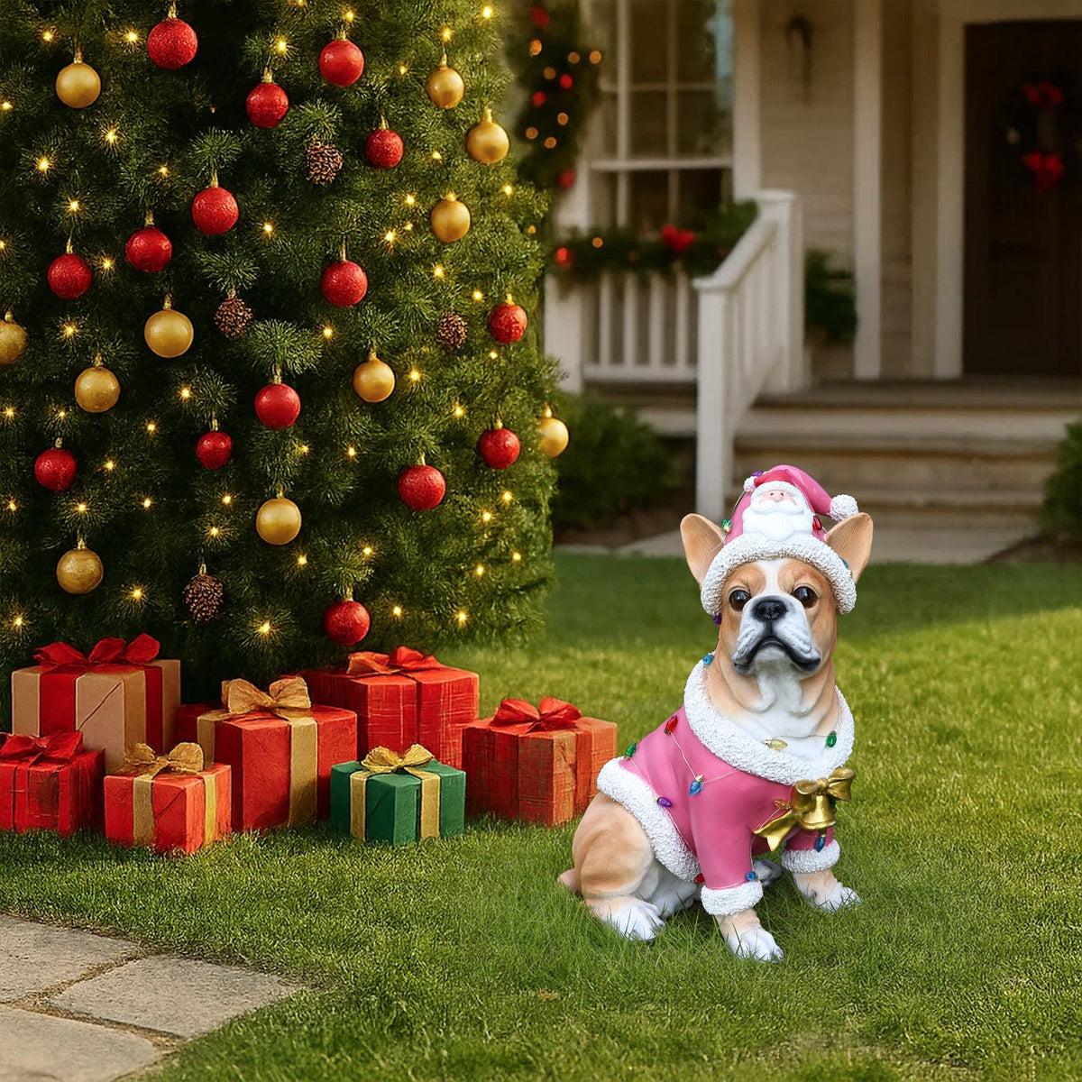 Christmas French Bulldog Statue with Pink Santa Outfit - Resin