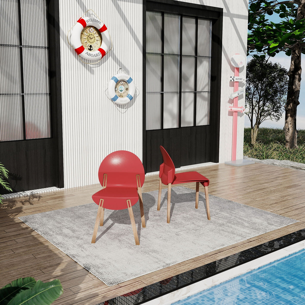4 Piece Outdoor Chair Set with Waterproof Polypropylene Seats and Oak Legs - Blue, Orange, Red