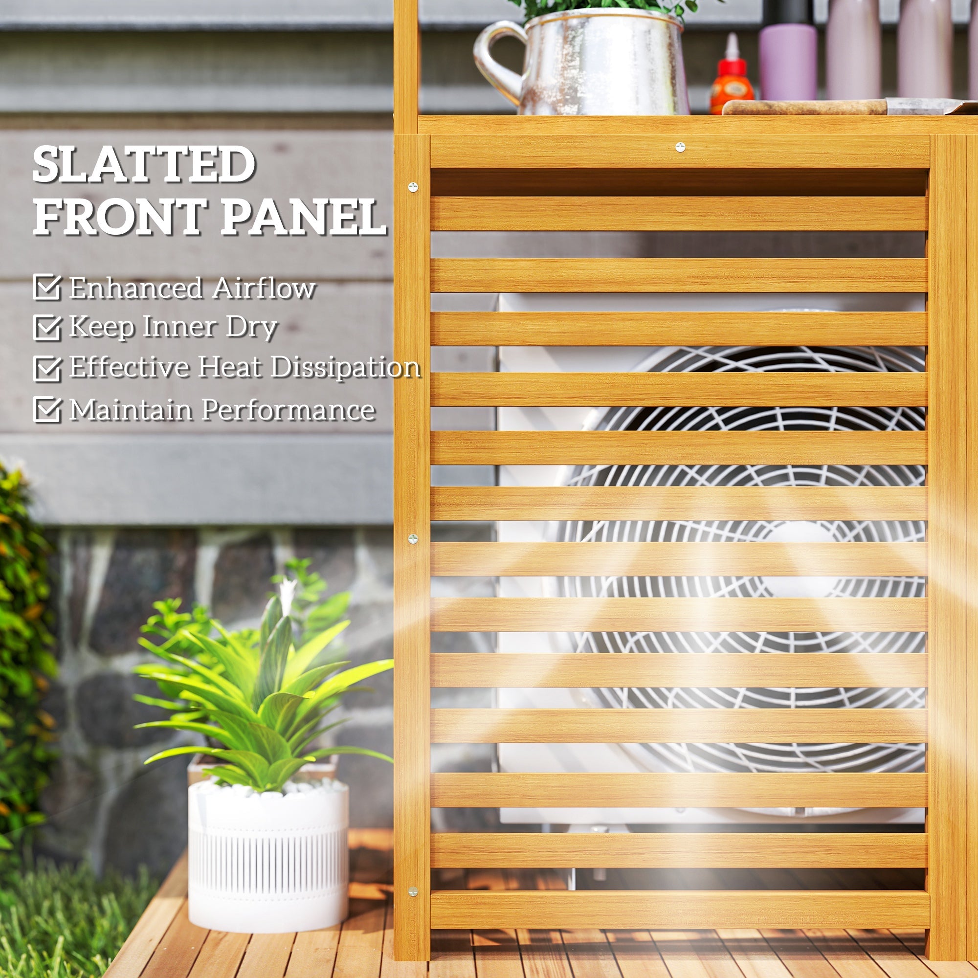 Outsunny Wood Air Conditioner Fence, Outdoor Privacy Screen Potting Table with Shelves