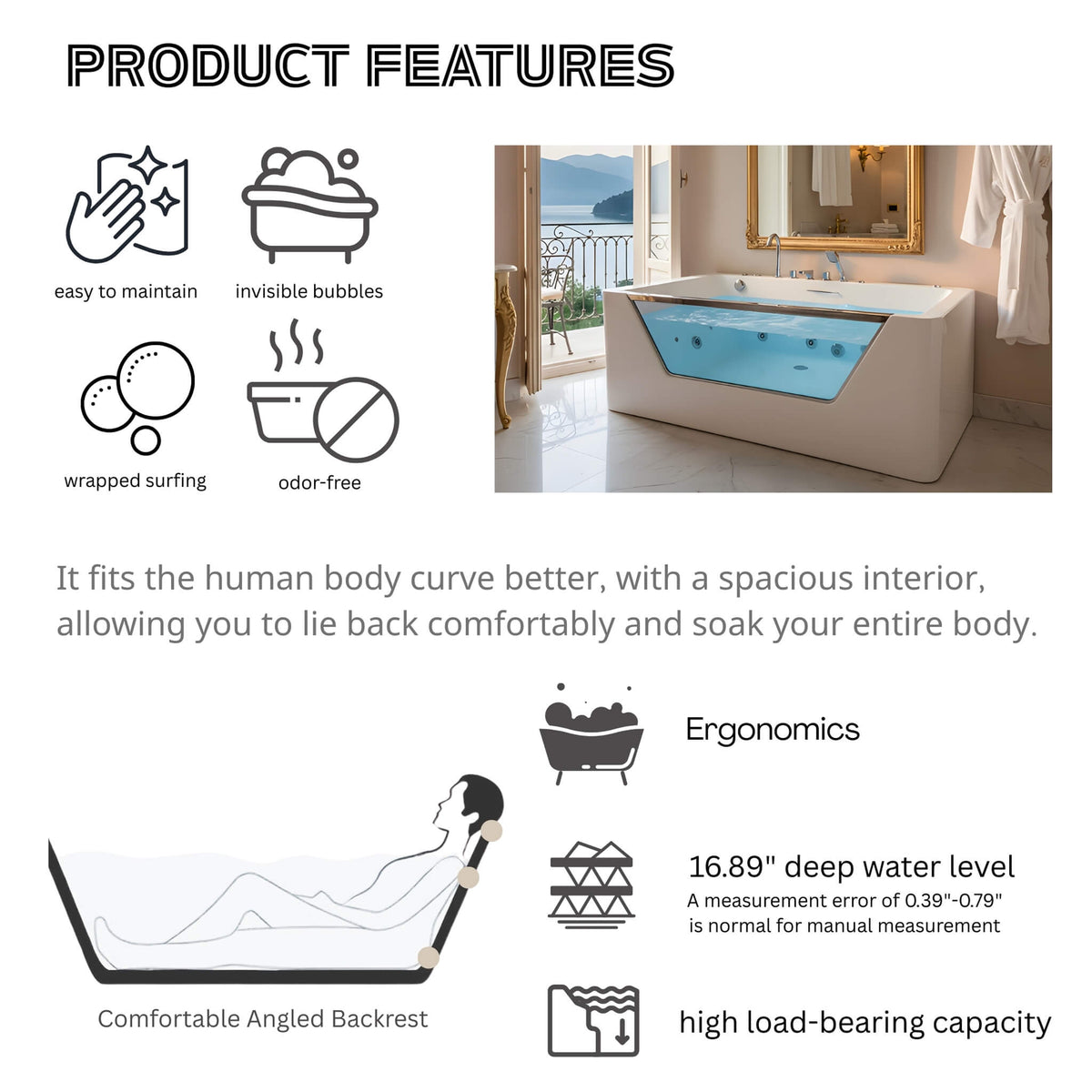 Veloria 67-Inch 7-Jets Hydrotherapy Whirlpool Bathtub With Glass Panel