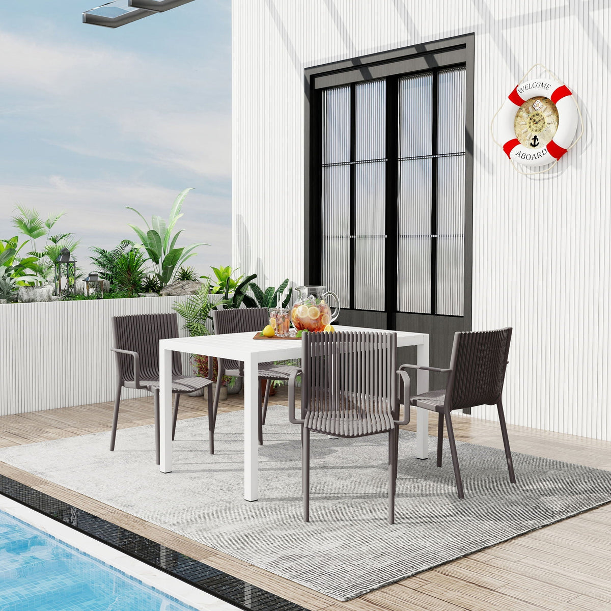 Modern Stackable Armchair Outdoor Dining Set with Long Table - Light Blue or Dark Gray