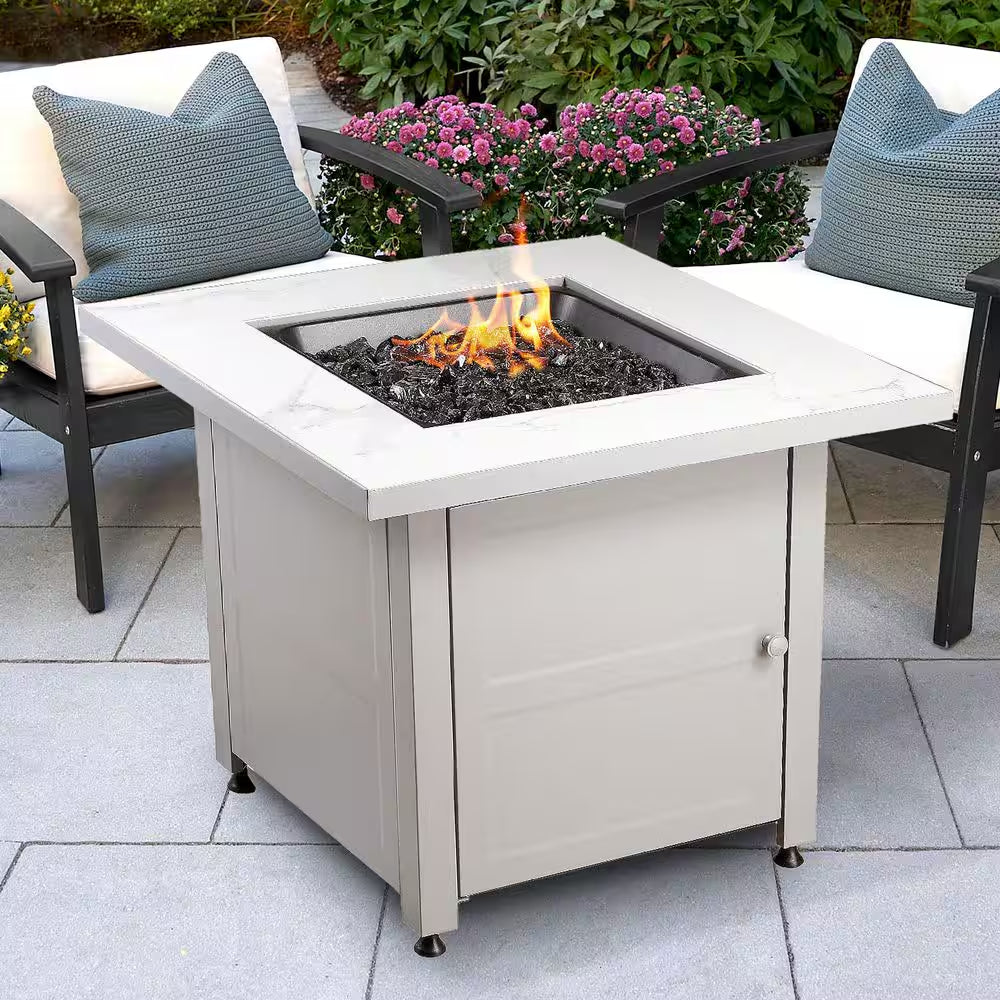 30 In. Gas Fire Pit Table with Cover, Black Glass