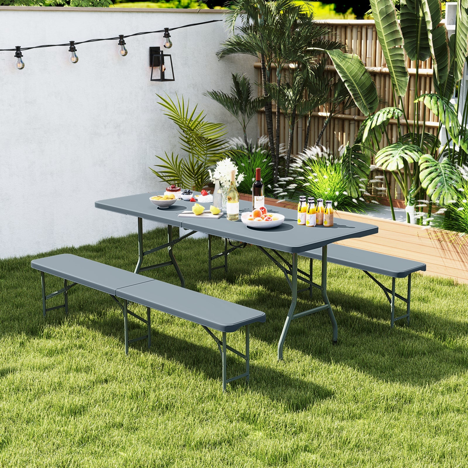6 Feet Plastic Folding Bench Portable Seat with Handle and Lock-Gray