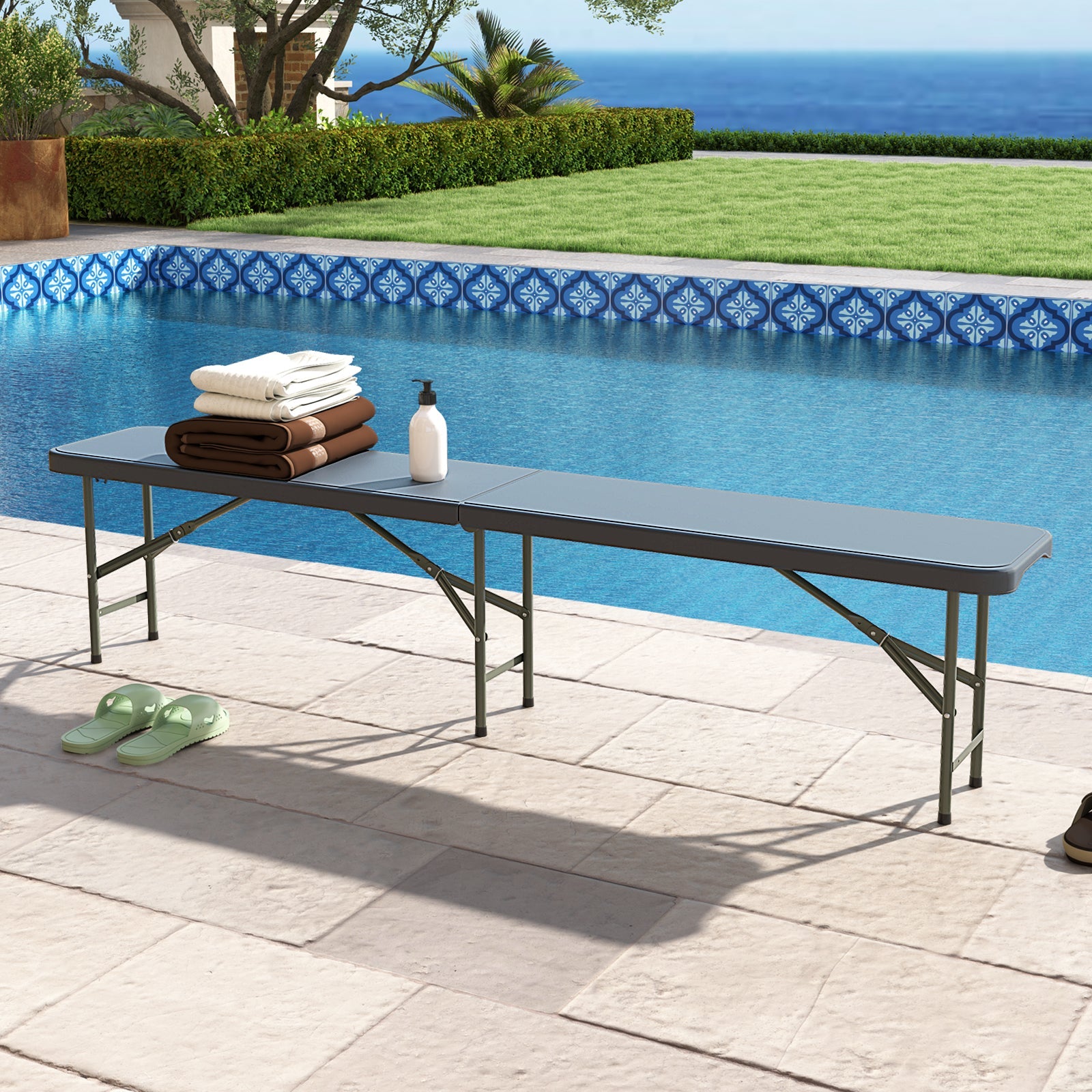 6 Feet Plastic Folding Bench Portable Seat with Handle and Lock-Gray