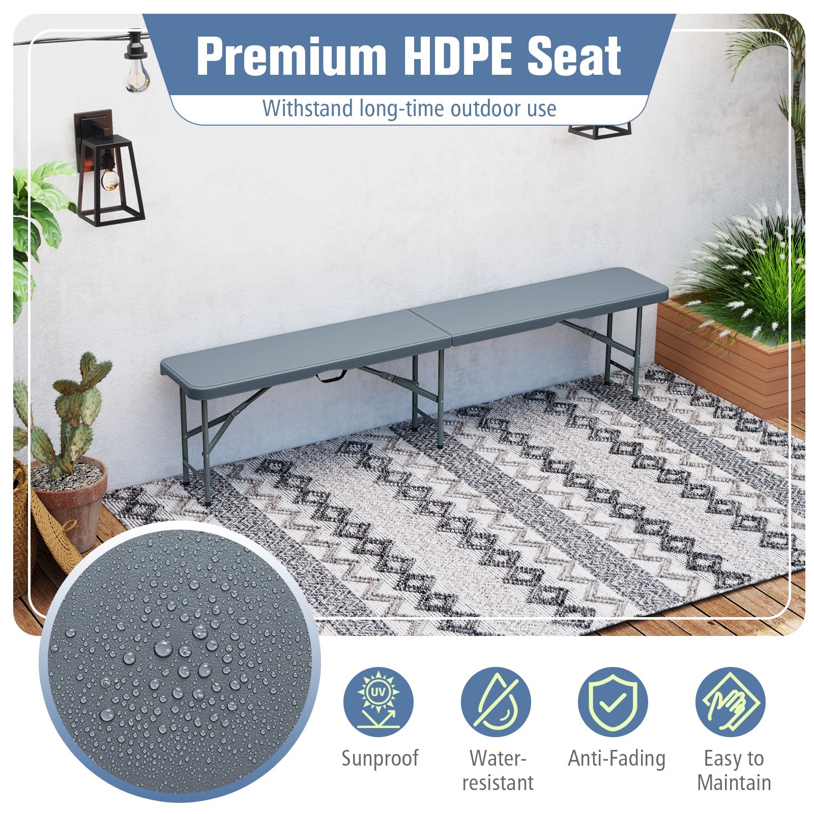 6 Feet Plastic Folding Bench Portable Seat with Handle and Lock-Gray