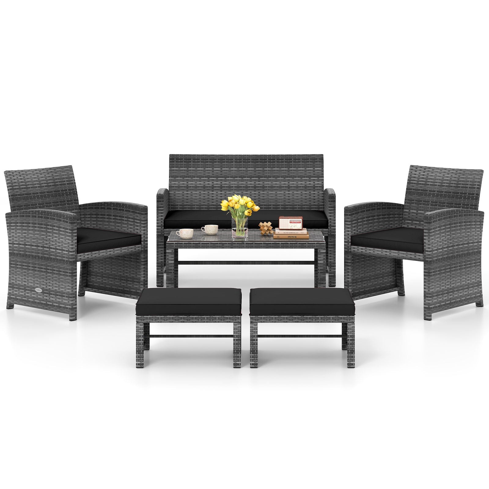 6 Pieces Patio Furniture Set Outdoor Sectional Conversation PE Rattan Sofa Set-Black