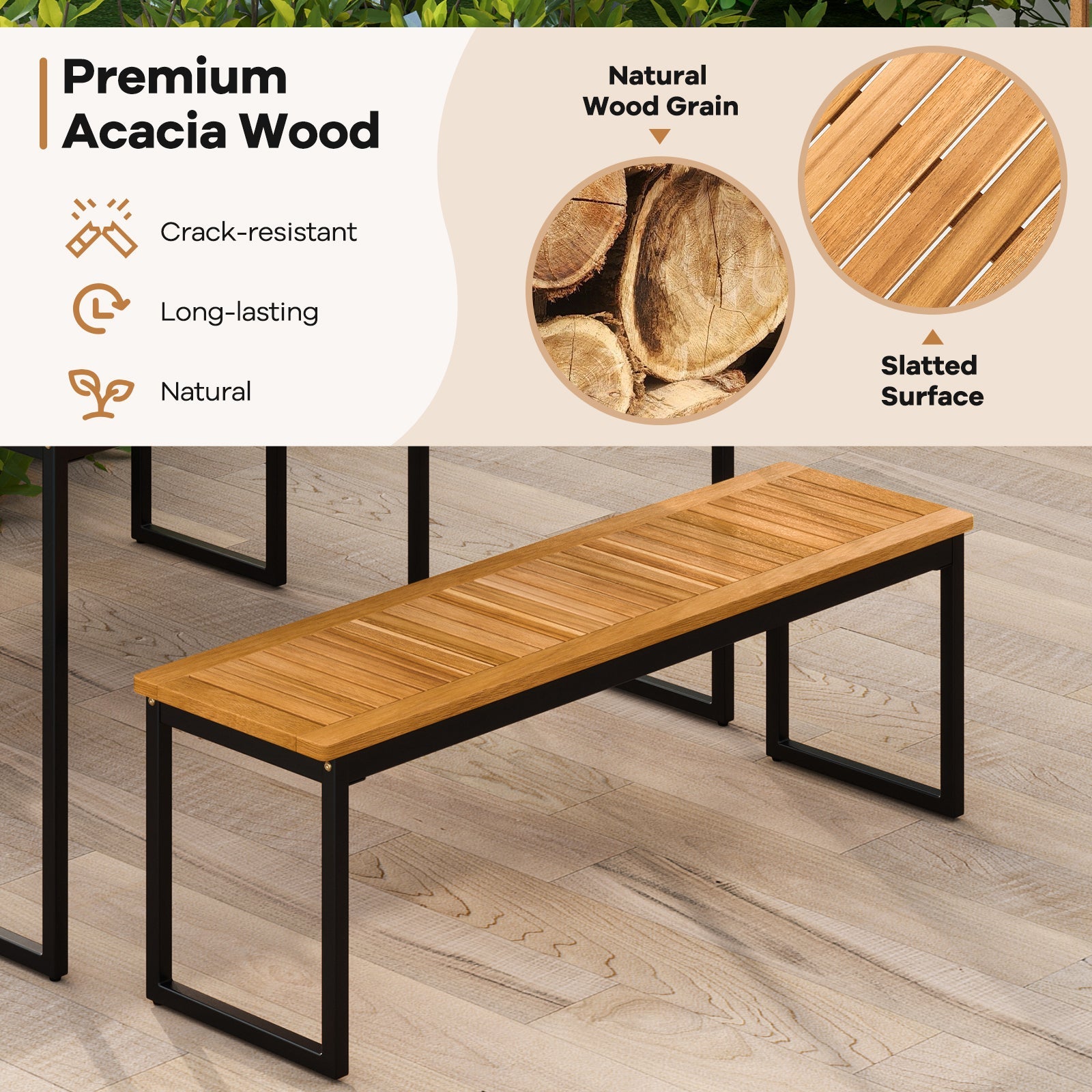 6 Pieces Outdoor Acacia Wood Dining Set with Bench and 2 Inches Umbrella Hole