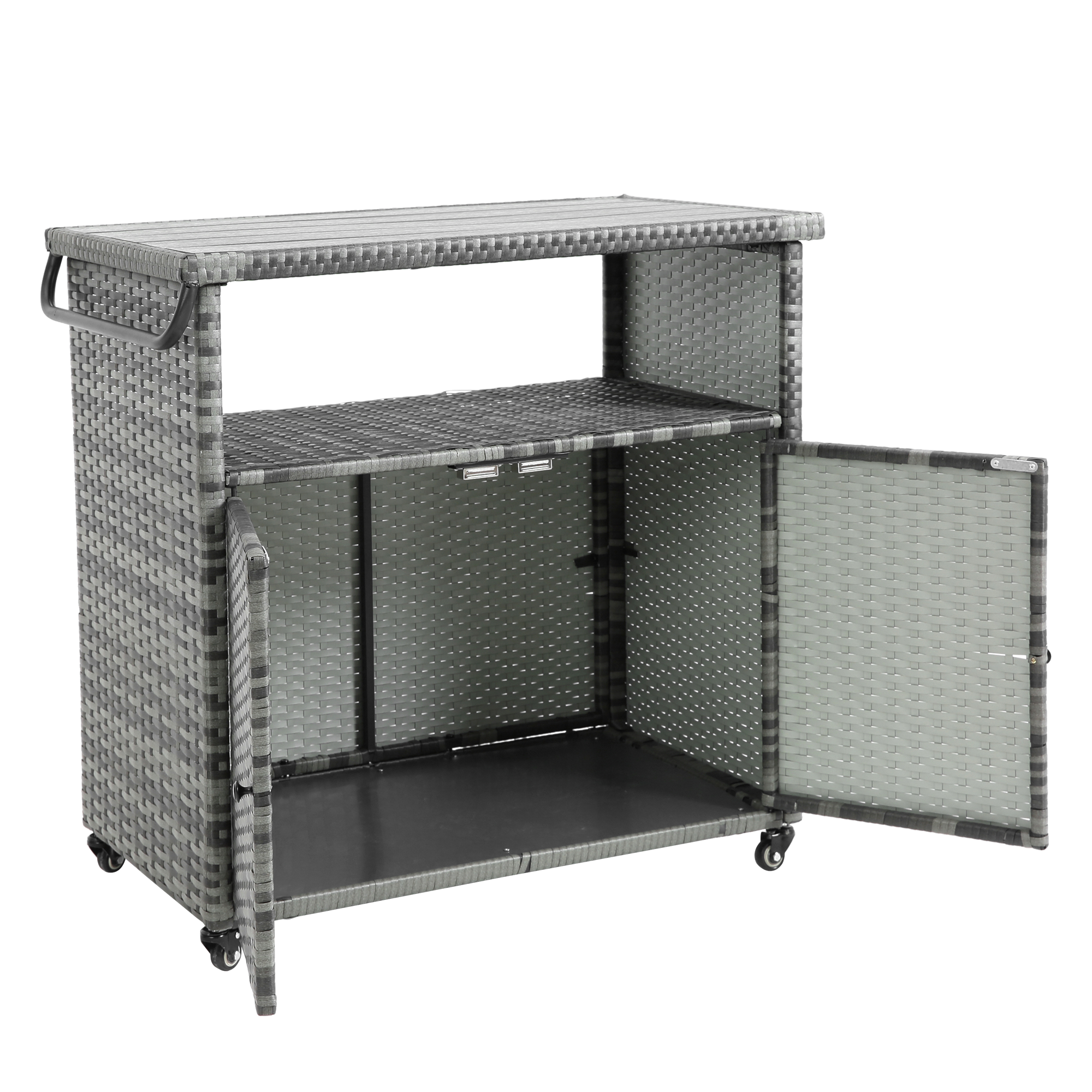 Outdoor Wicker Bar Cart with Glass Top and Wheels