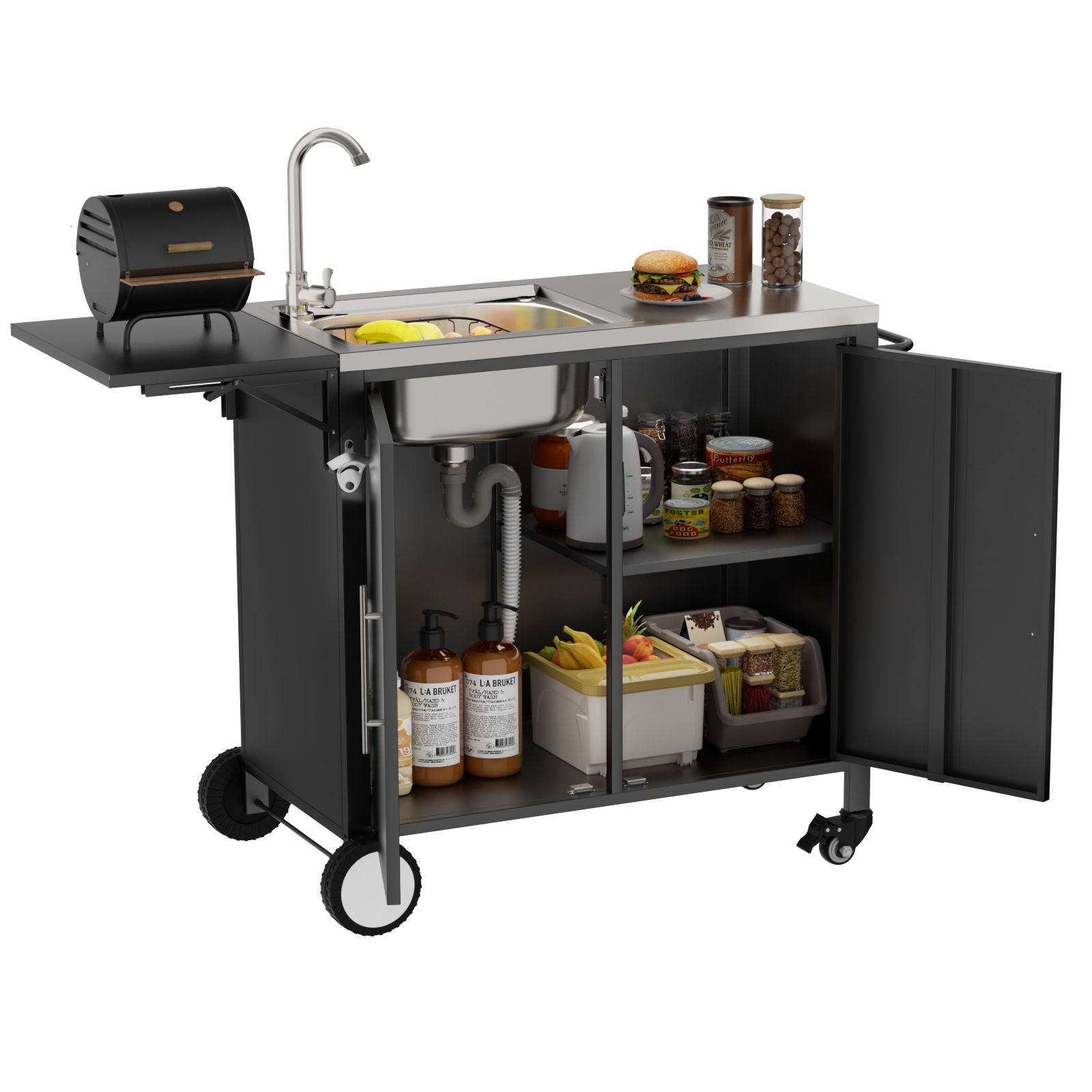 Outdoor Grill Table With Sink, Worktable Kitchen Cabinet Island With Wheels & Foldable Top - Black