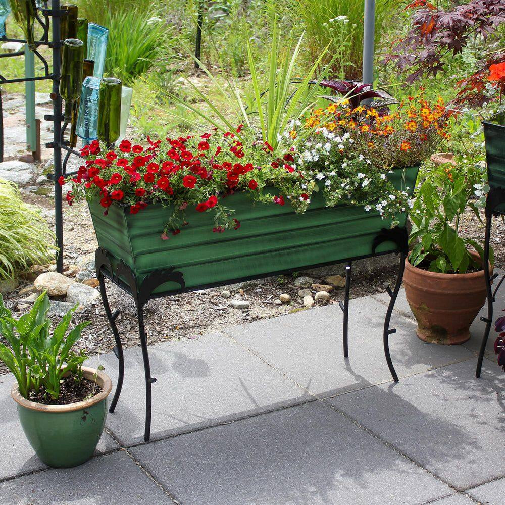 25.75 In. H Rectangular Classic Green Galvanized Steel Large Flower Box W/ Black Wrought Iron Flora Stand