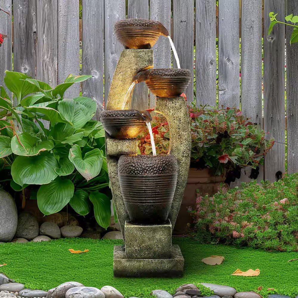 40 In. Modern Outdoor Fountain-4-Tiered Outdoor Garden Fountain with Light, Contemporary Design for Indoor Outdoor Decor