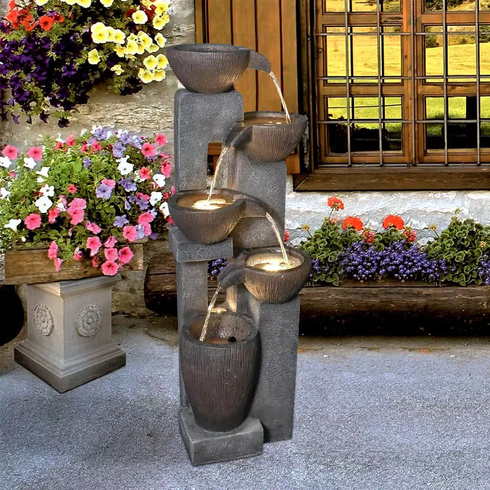 5-Tiers Outdoor Water Fountains with LED Lights, 39 In. Floor Standing Waterfall Fountains for Garden, Patio, Porch