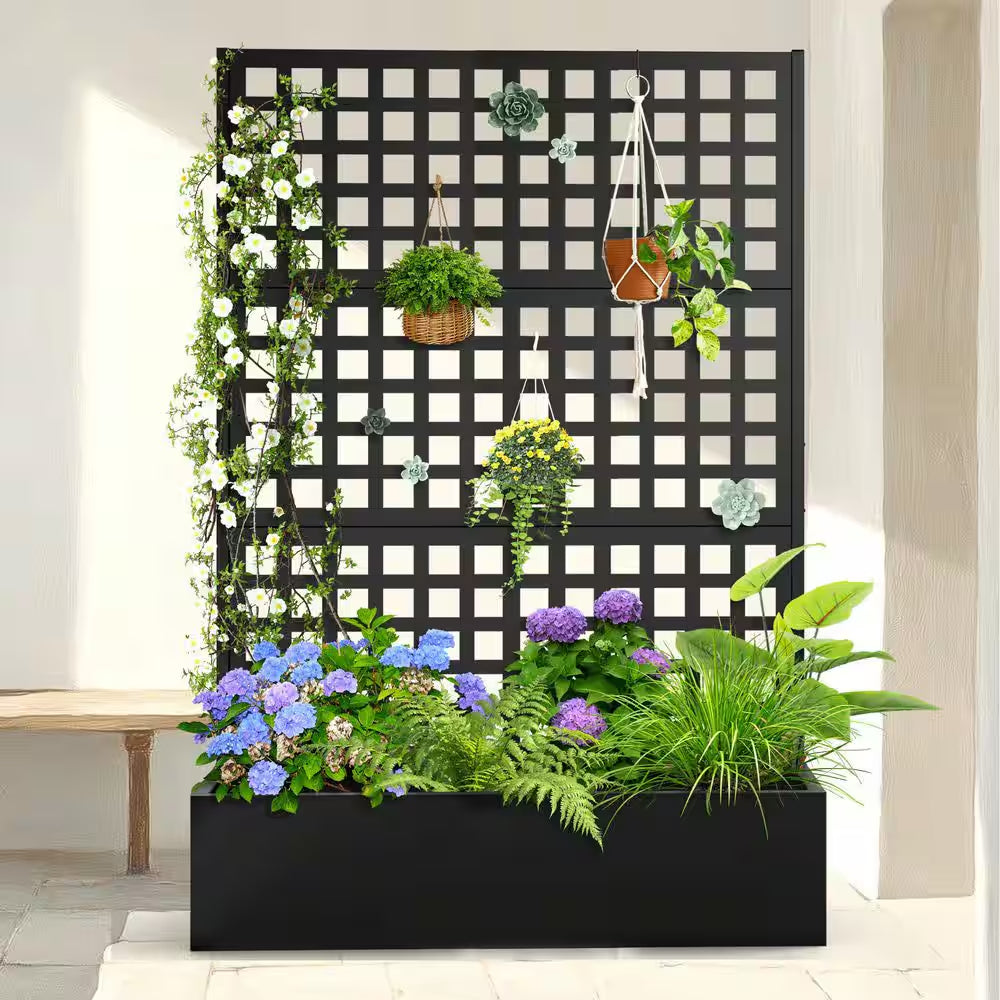 47" L X 16" W X 71" H Metal Raised Garden Planter Box with Trellis-Black Rectangle Pot for Climbing Plants, Cucumbers