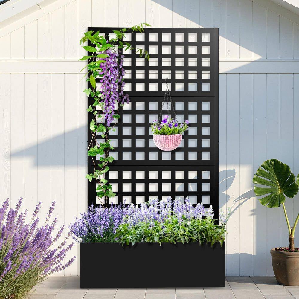 35 In. L X 16 In. W X 71 In. H Black Metal Raised Garden Planter Box Trellis-Rectangle Outdoor Pot for Climbing Plants