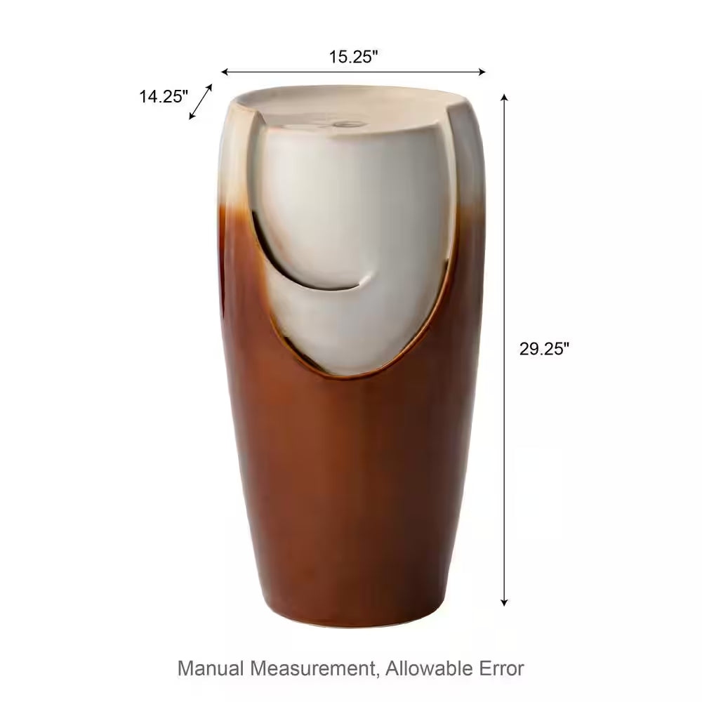 29.25 In. H Outdoor Oversized Sand Beige and Brown Glaze Ceramic Pot Water Floor Fountain with LED Light