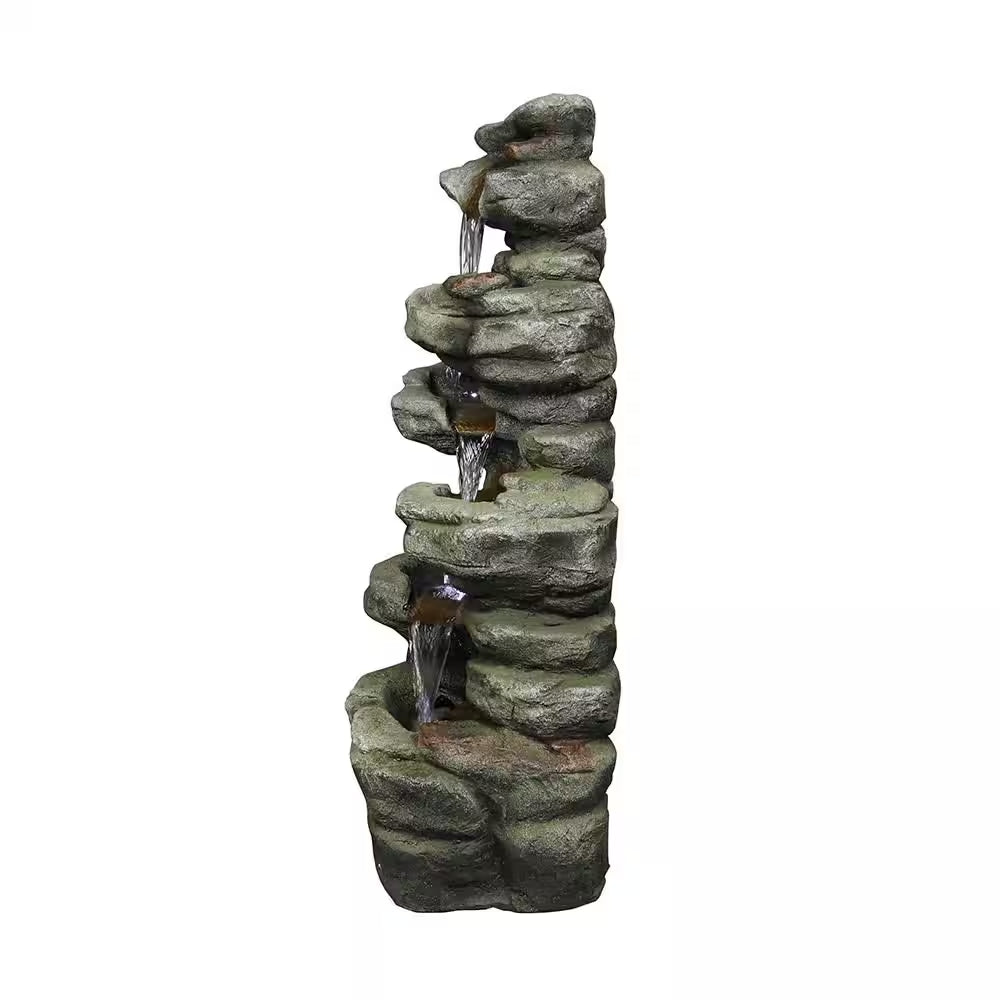 30. 7In. H Resin 6-Tier Cascading Rock Tiered Fountain with LED Lights for Garden and Patio Decor