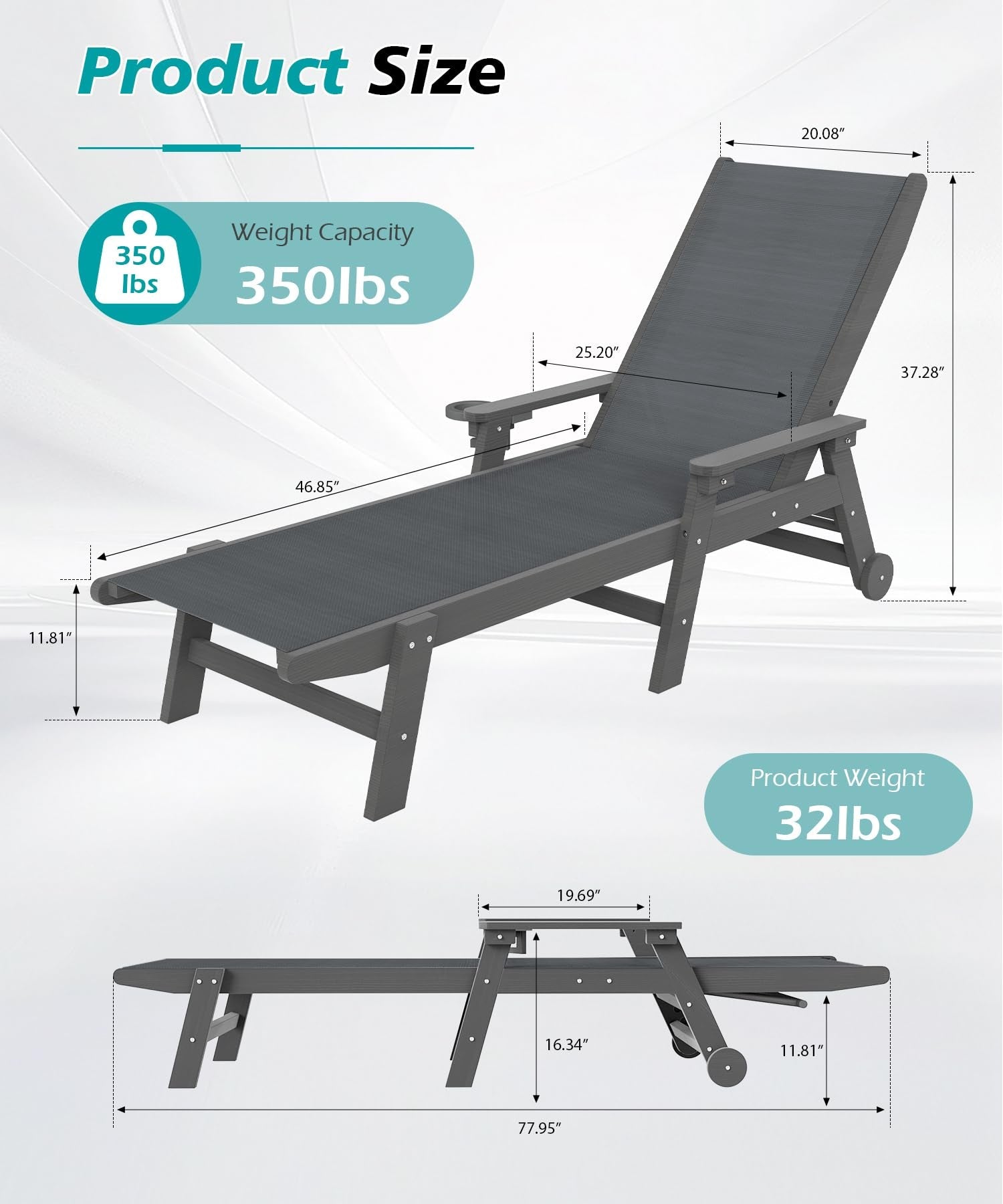 Lounge Chair Outdoor, HDPE Chaise Lounge with Wheels and Adjustable Recliner
