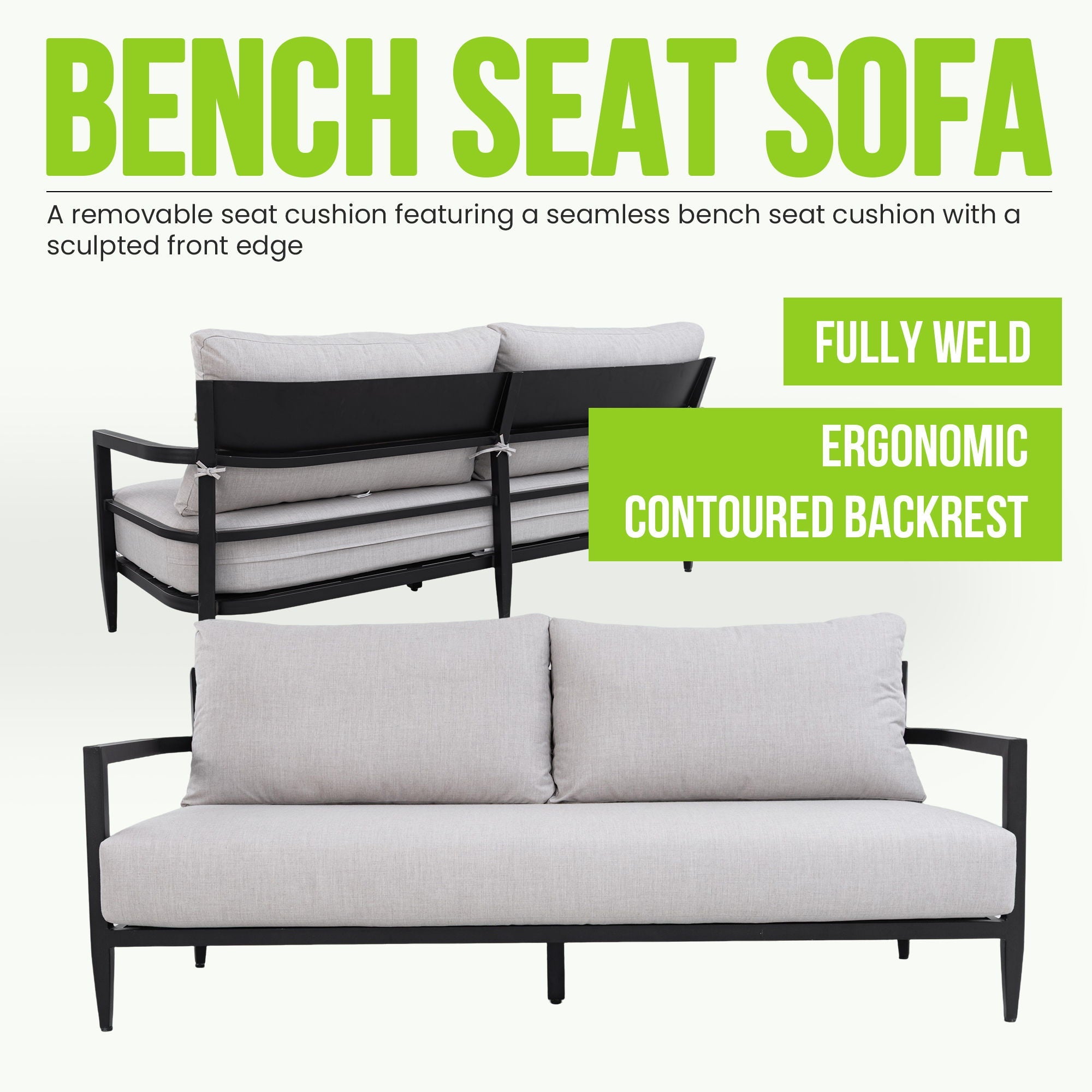 Outdoor Bench Seat Sofa, Sunbrella Cushion, Weather Resistant For Patio - Ember Black