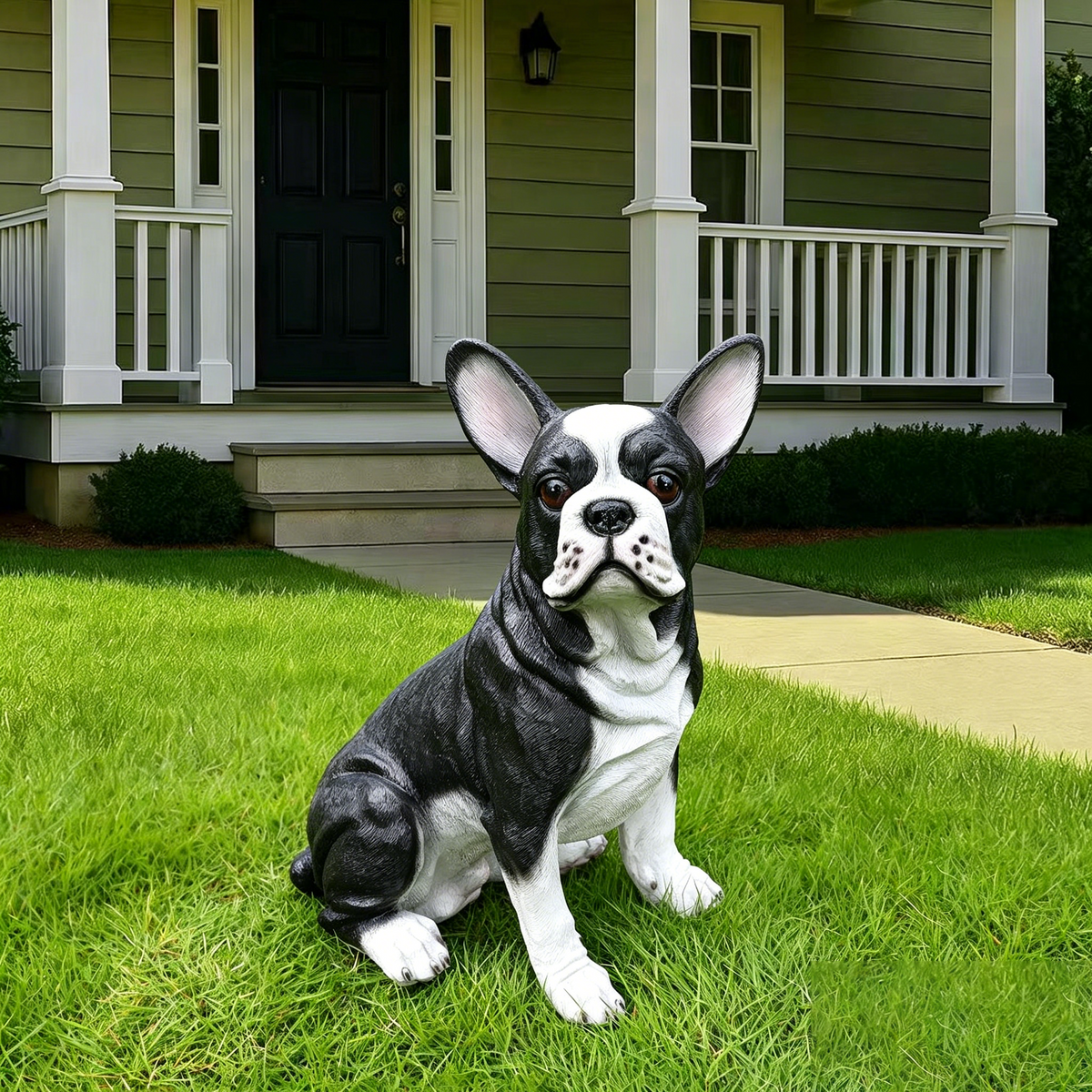 Lifelike French Bulldog Statue, Realistic Resin Animal Figurine for Indoor Outdoor Garden Lawn Yard Home Decor, Art Craft Gift, Black+White