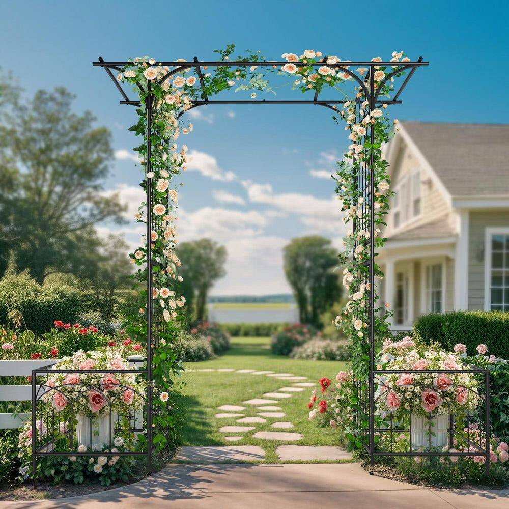 81 In. H Garden Arch Trellis with Planter Boxes for Climbing Plants Backyard and Lawn Black