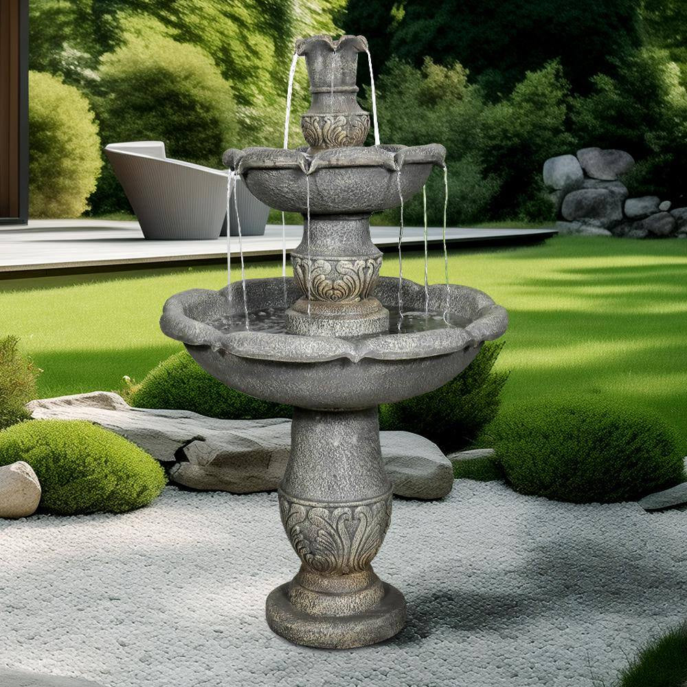 48.4 In. Cement Pedestal Waterfall Fountain - Outdoor Floor 3-Tier Pedestal Water Fountain and Birdbath for Garden, Lawn