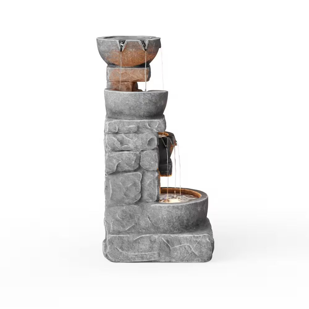 Zen Garden 33 In. Stone-Texture Polyresin Cascading Waterfall Fountain with LED Lights