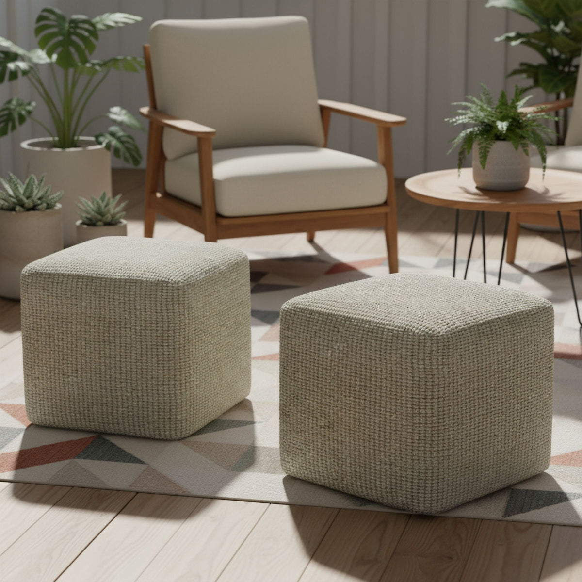 Zelma - Square Woven Outdoor / Indoor Pouf - Cream / Natural