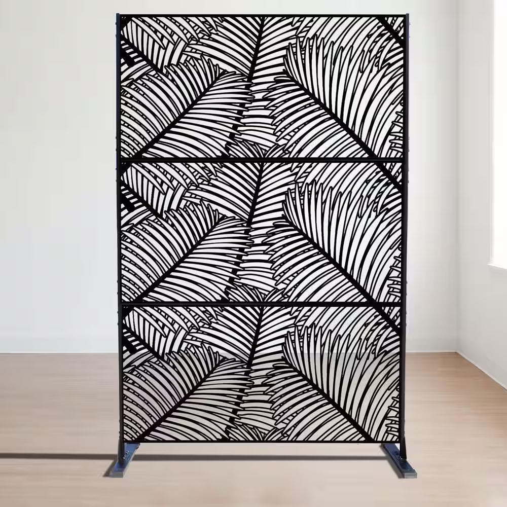 Powder Coated Galvanized Steel Privacy Screen 74 In. H X 47.2 In. W Decorative Fence with Stand (Black Palm Leaf)