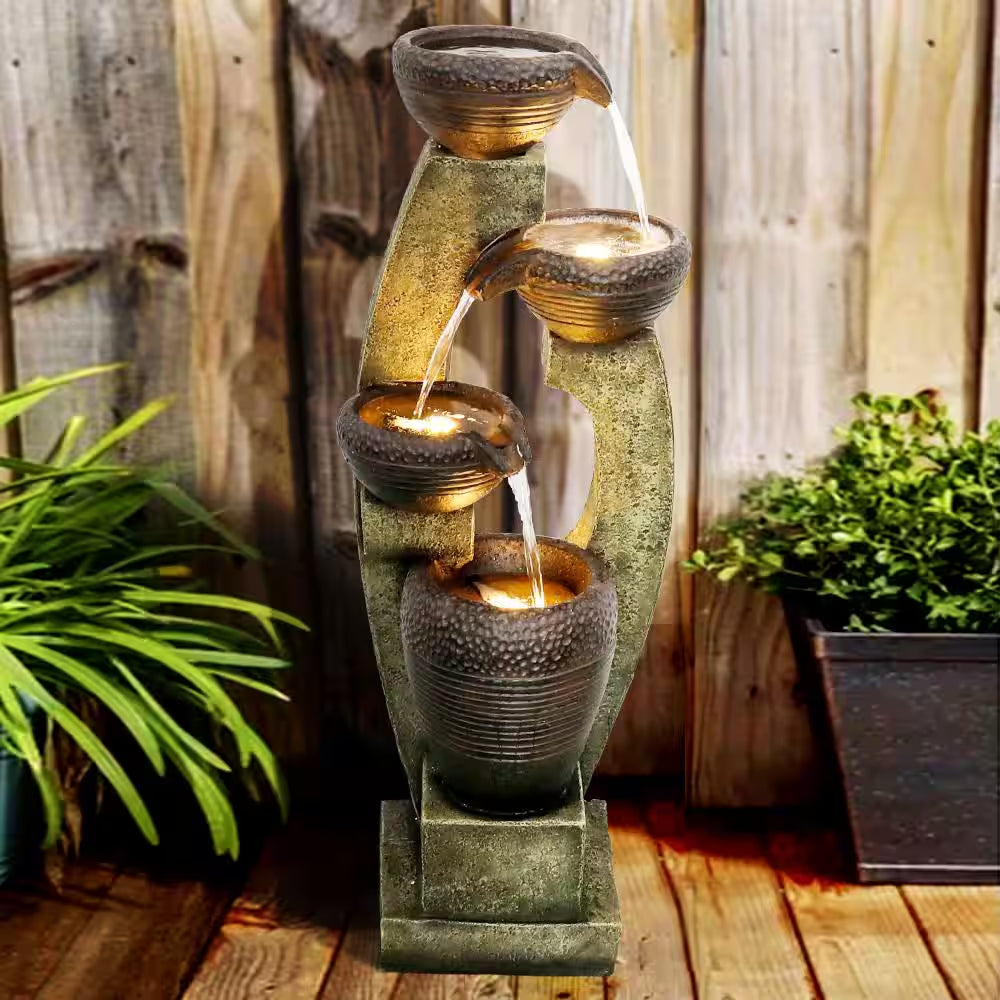 40"H Modern Outdoor Fountain - 4 Crocks Outdoor Garden Fountain with Contemporary Design for House and Garden Art Decor