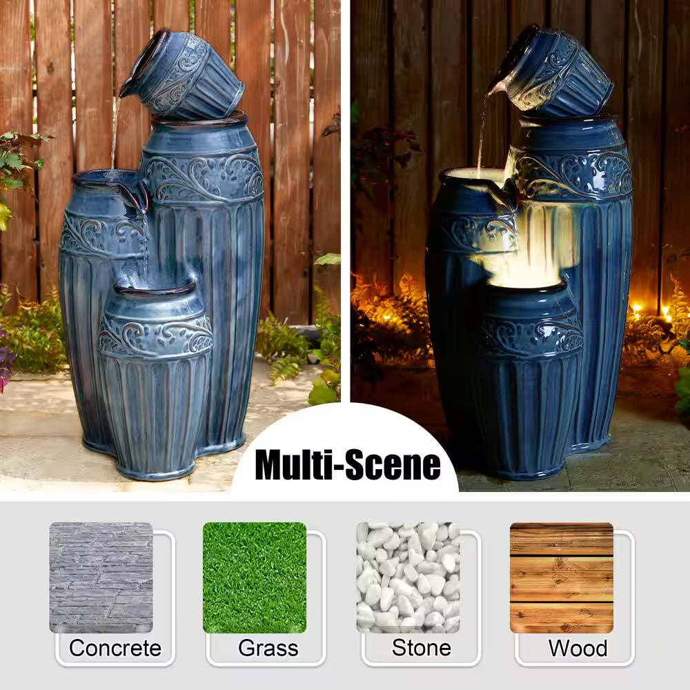 35.5 In. H Outdoor Oversized 4-Tiered Turquoise Embossed Pattern Ceramic Pots Floor Fountain with Pump and LED Light