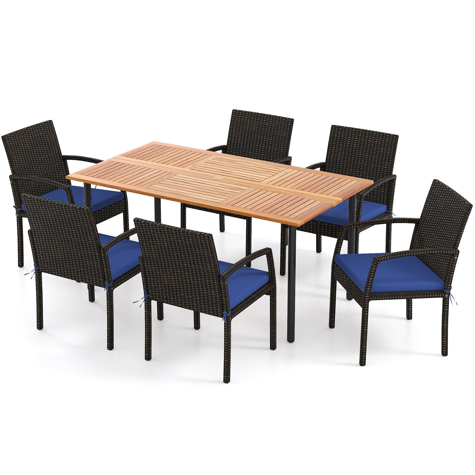 7 Pieces Outdoor Dining Set Acacia Wood Table with Umbrella Hole and Cushions