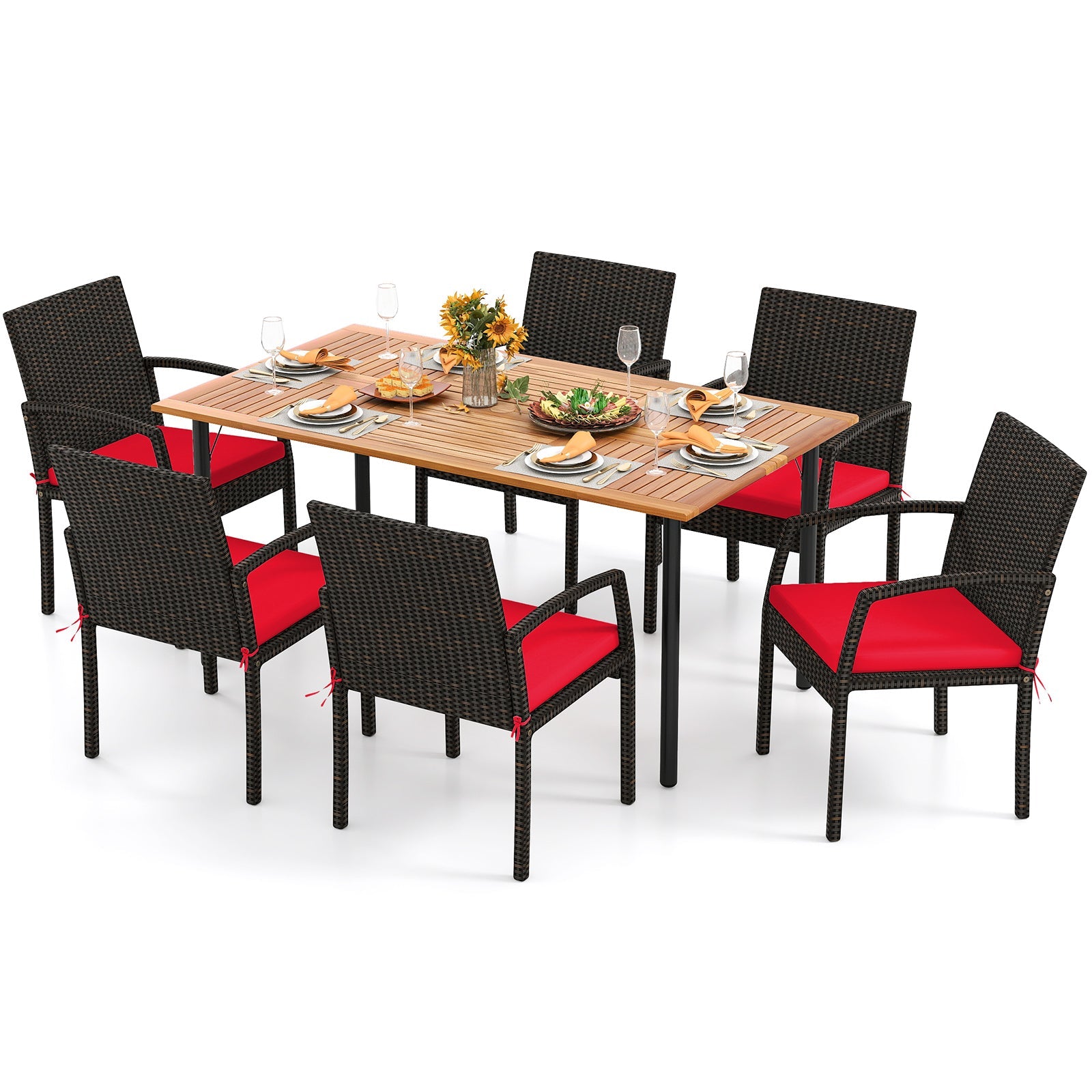 7 Pieces Outdoor Dining Set Acacia Wood Table with Umbrella Hole and Cushions