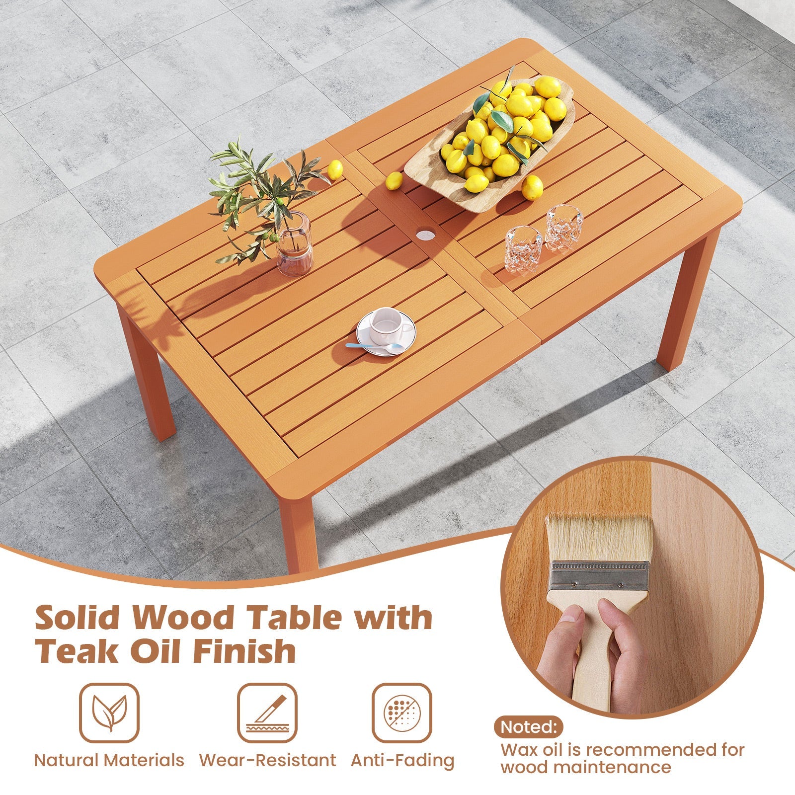 7 Pcs Outdoor Dining Set Teak Oil Finish Slatted Rectangular Dining Table and 6 Armchairs